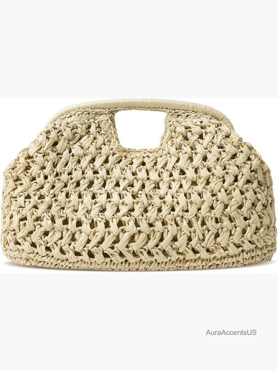 Handbags - Large Straw Woven Dumpling Clutch Purse, Summer Beach Hobo Tote Bag